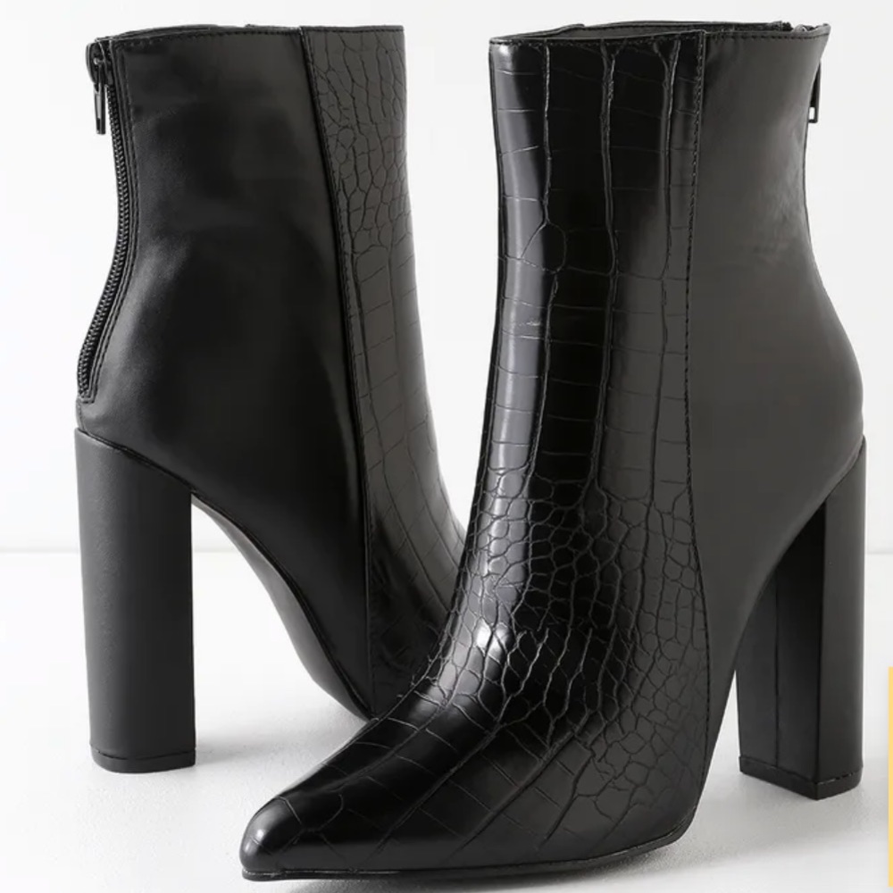 Karin Black Crocodile Embossed Two-Tone High Heel Booties